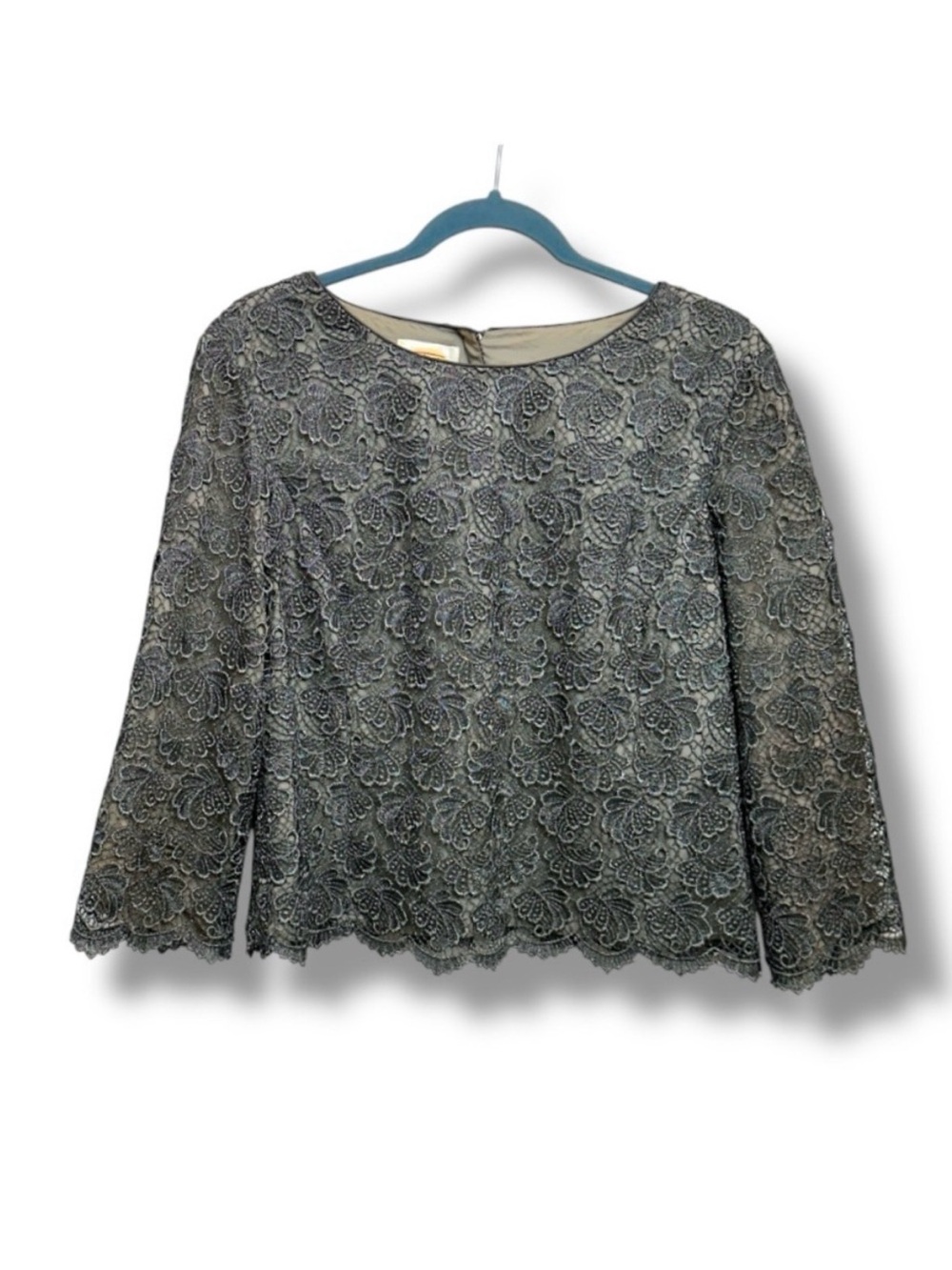 Talbots Metallic Silver Lace 3/4 Sleeve Top Women’s Size 12 Formal Party Glam
